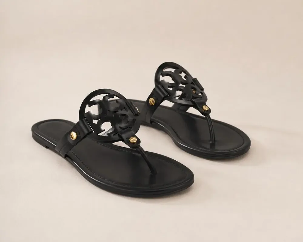 Tory Burch Miller Black Leather Sandals Gold Hardware Women’s Size 9